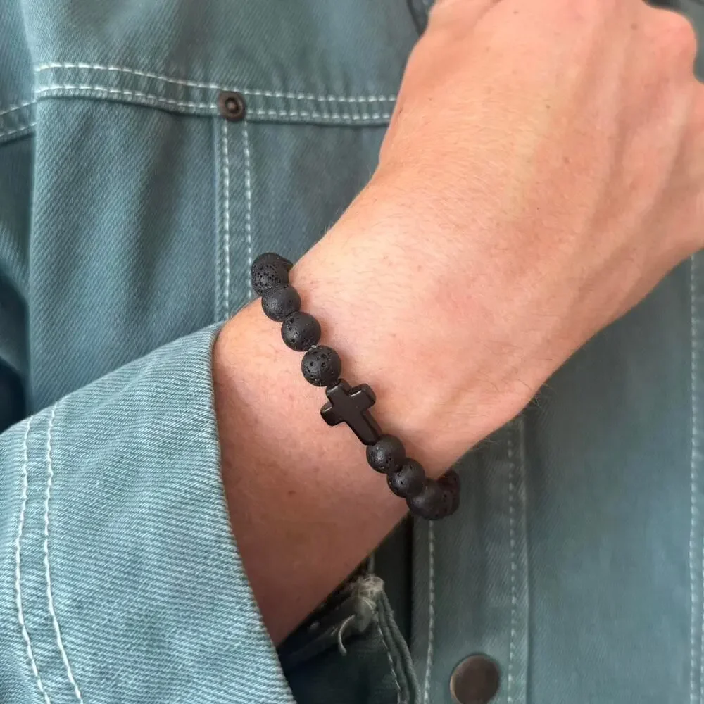Y2K Black Lava Stone Cross Bracelet Unisex Stretch Minimalist Beaded Accessory